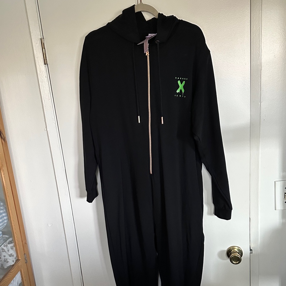 Savage X Fenty Black Hooded Jumpsuit with Neon Green Accent